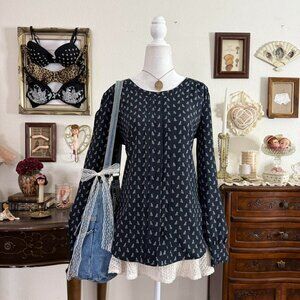 preppy indie girl twee grunge quirky bird print navy blue blouse w pleated